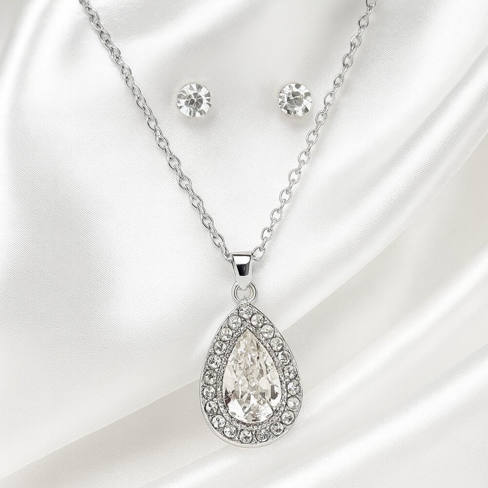 Silver Teardrop Pendant Necklace w/ Crystal Accents & Stud Earrings Set, Jewelry